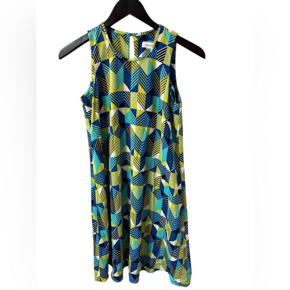 Calvin Klein Mod Trapeze Dress size 2. Geometric Green Blue Patterned.